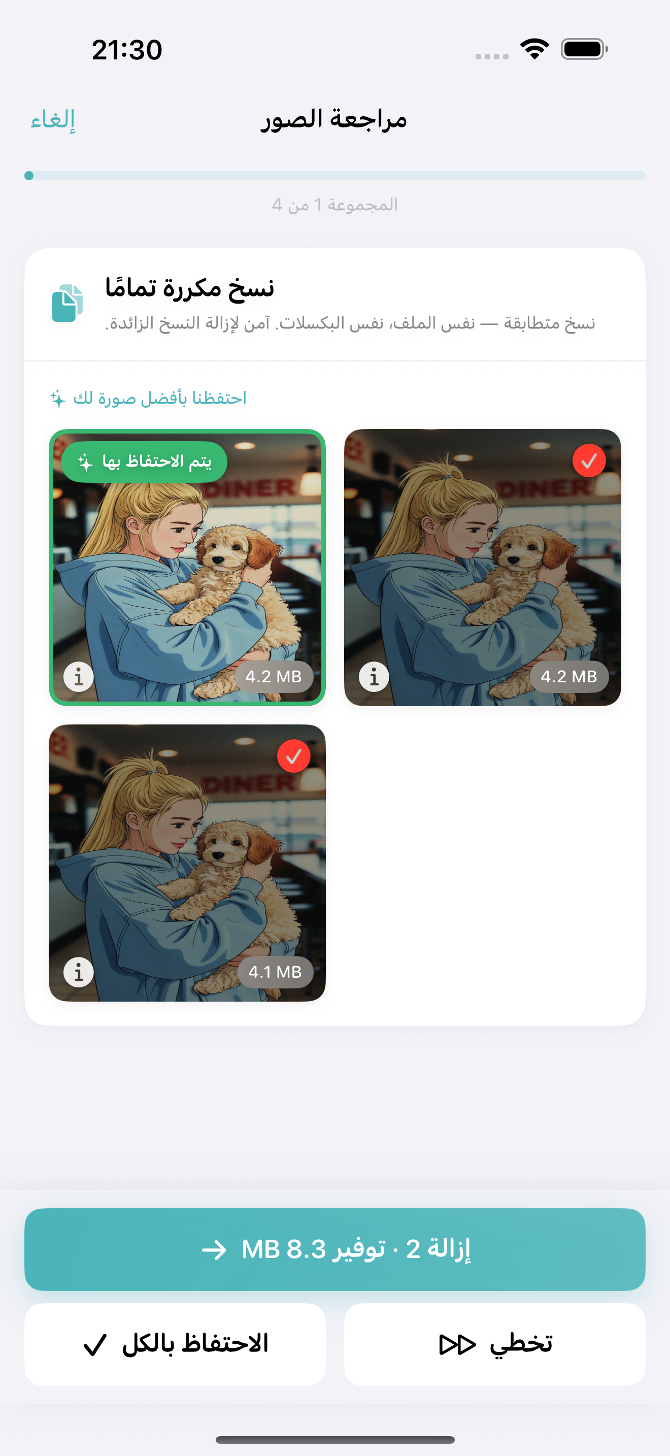 Photo Cleanup review screen comparing similar iPhone photos side by side