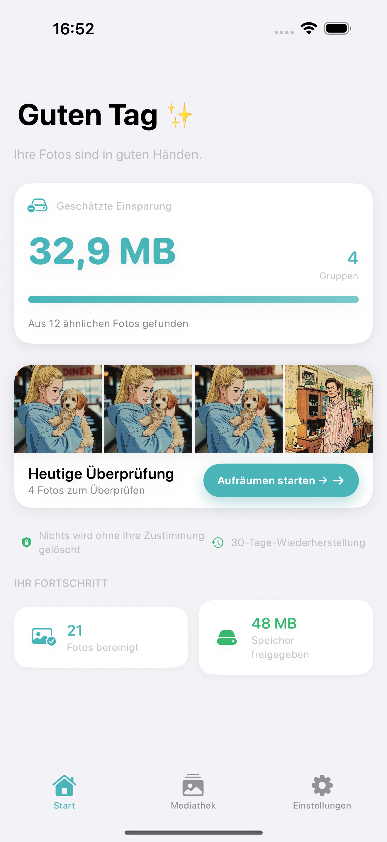 Photo Cleanup home screen showing a calm duplicate photo review workflow on iPhone