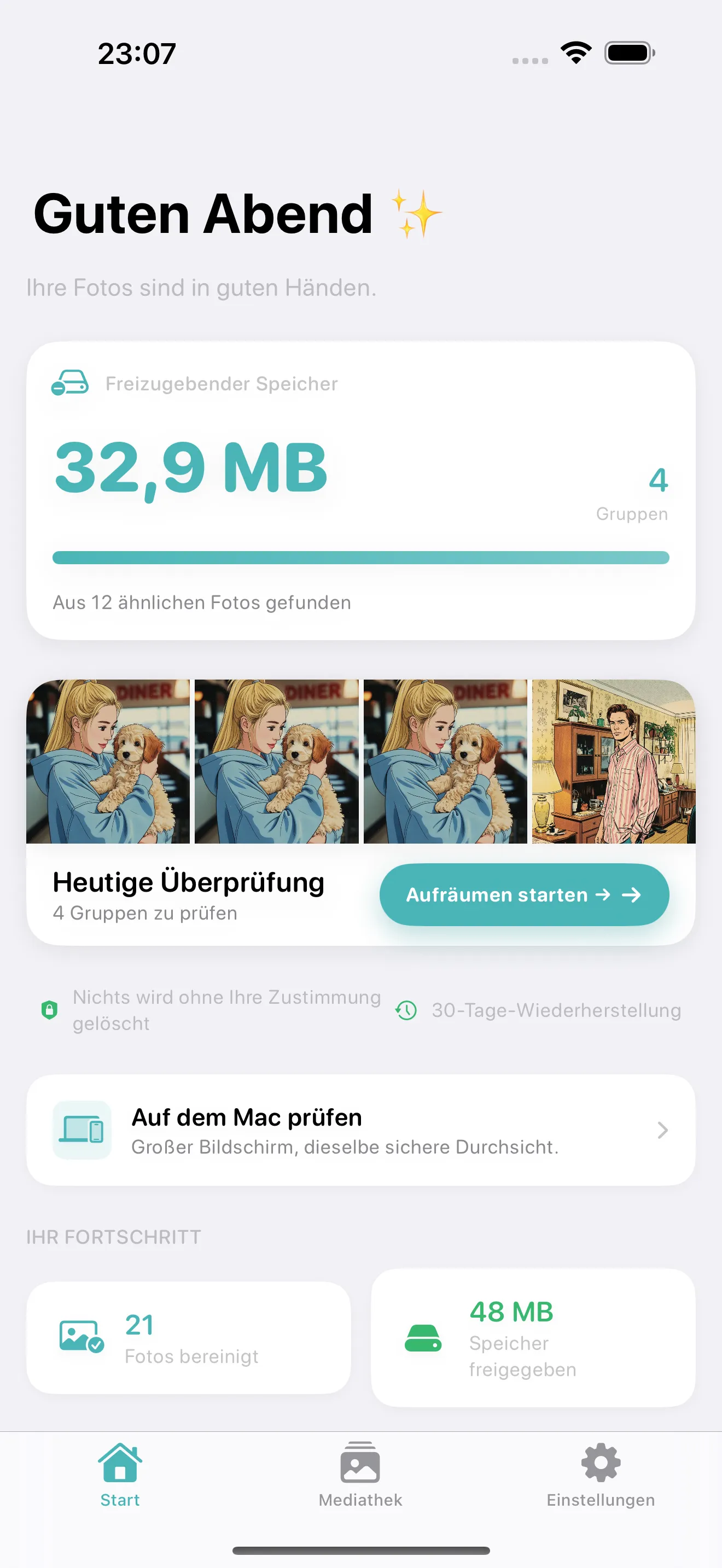 Cleanup home screen showing a calm duplicate photo review workflow on iPhone