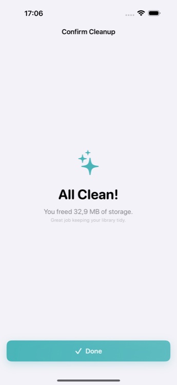 All Clean success screen — storage freed, library tidy