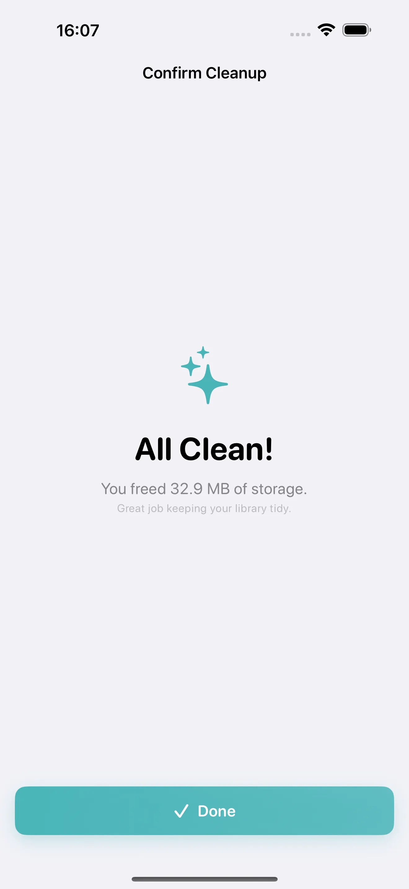 Photo Cleanup all-clean screen showing your library is tidy with freed storage