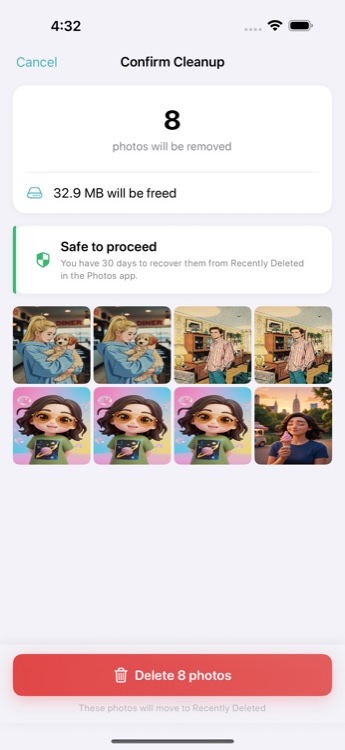 Confirmation screen — safe deletion with 30-day recovery