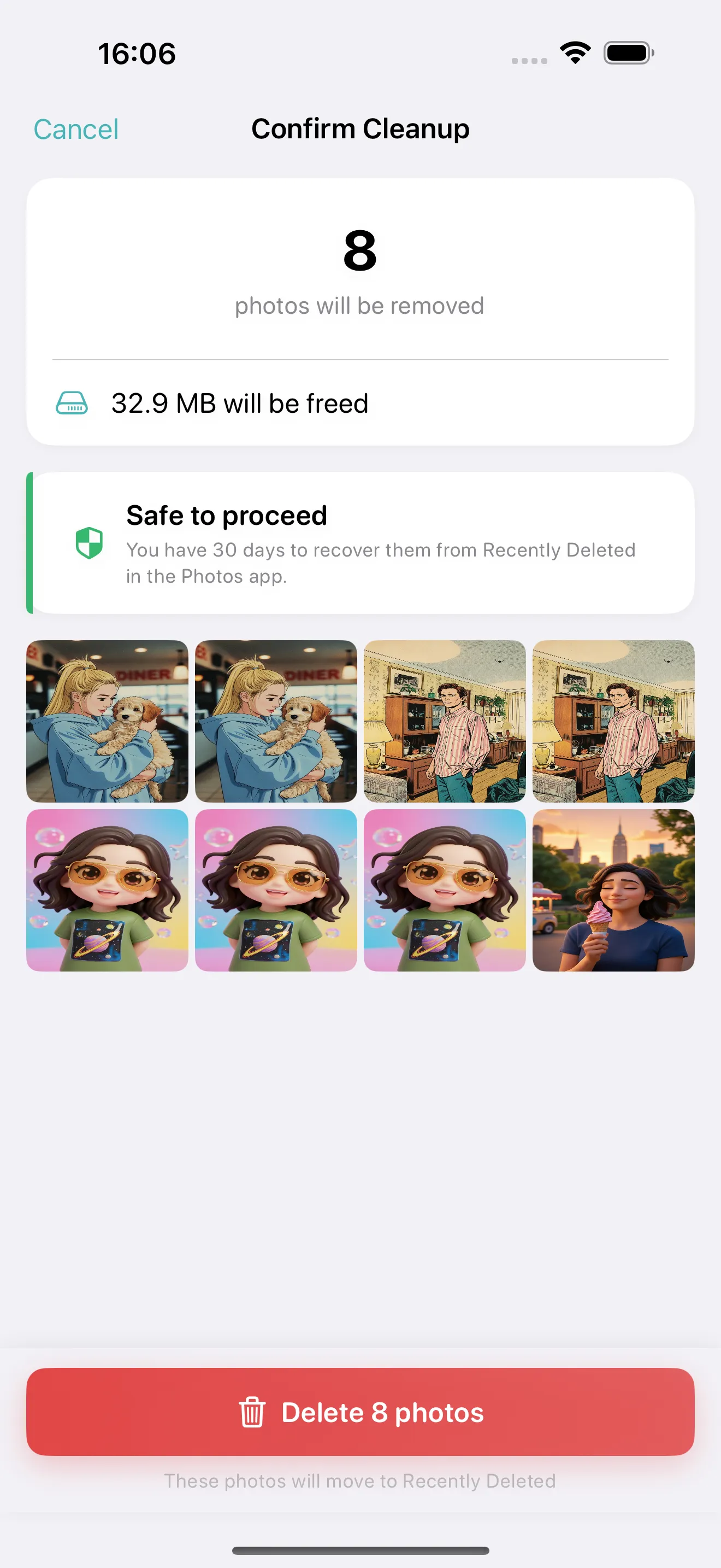 Photo Cleanup confirmation screen with safety messaging and Recently Deleted reminder