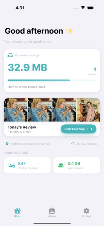 Photo Cleanup home screen — calm duplicate review on iPhone