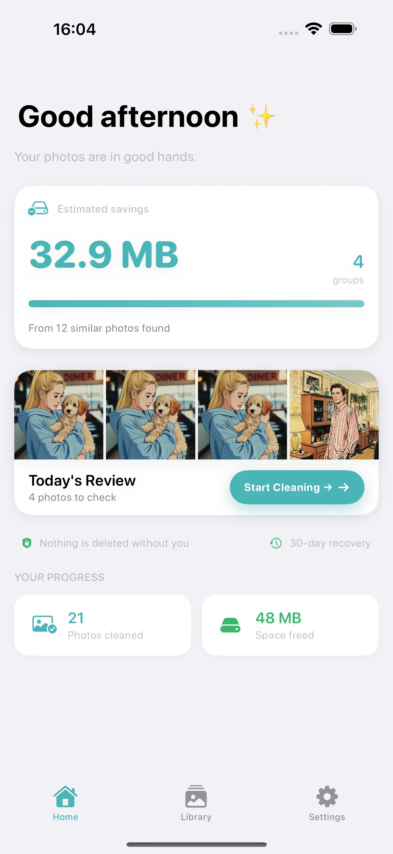 Photo Cleanup home screen showing a calm duplicate photo review workflow on iPhone