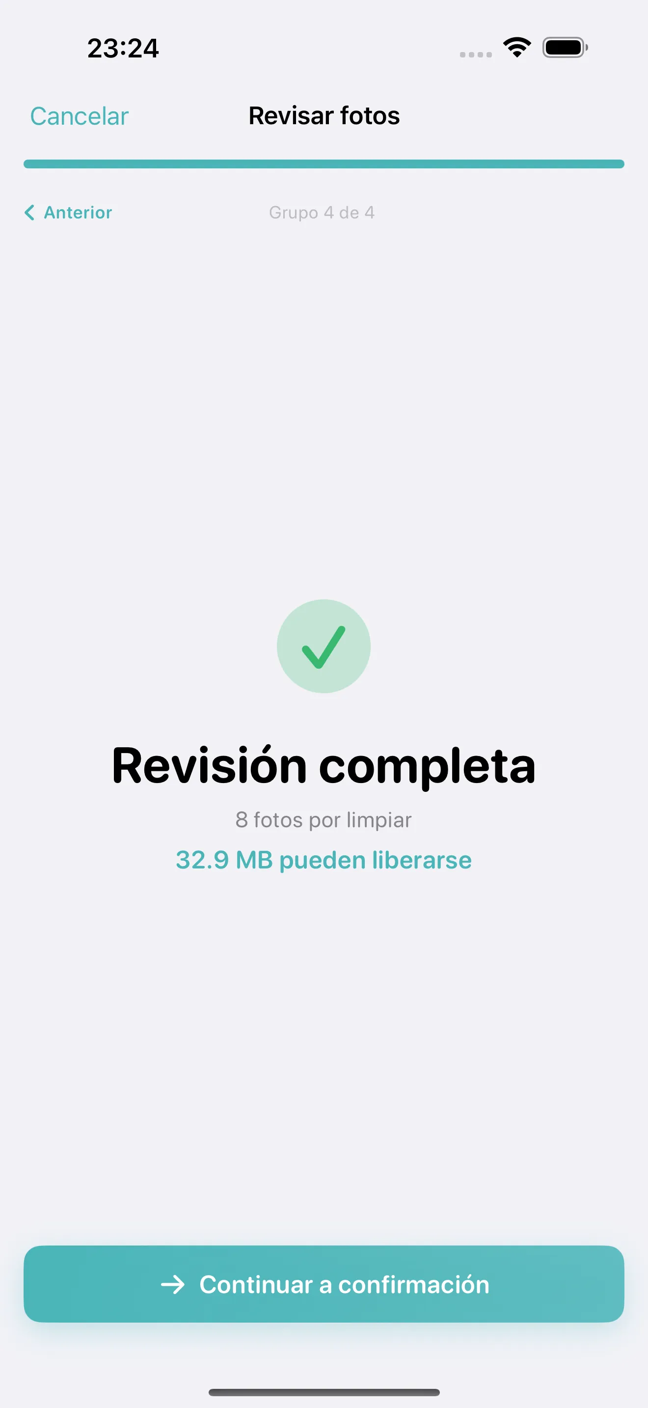 Cleanup confirmation screen with safety messaging and Recently Deleted reminder