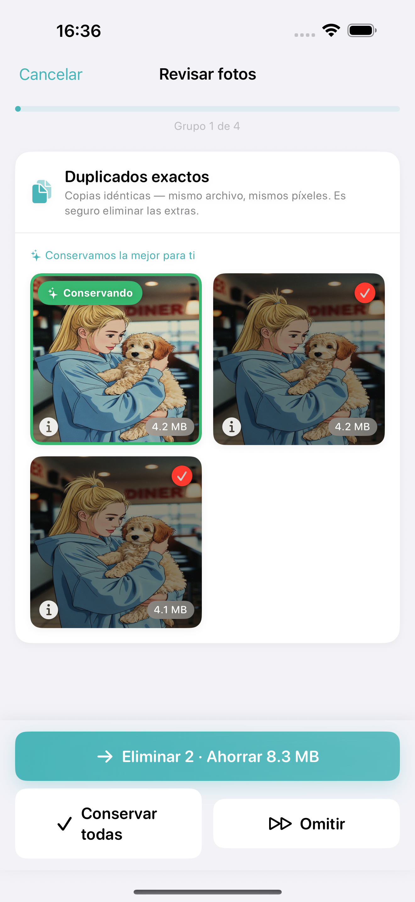 Photo Cleanup review screen comparing similar iPhone photos side by side