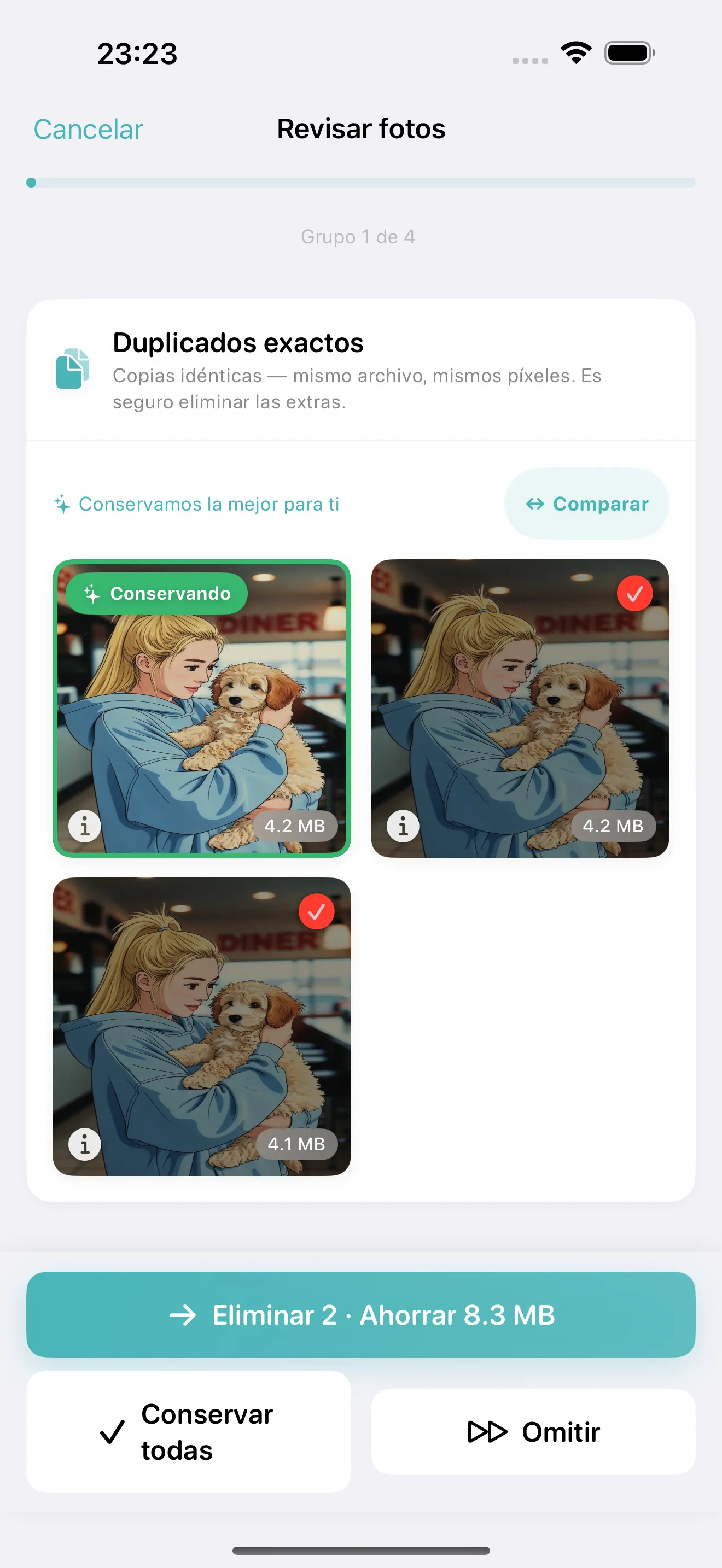 Cleanup review screen comparing similar iPhone photos side by side