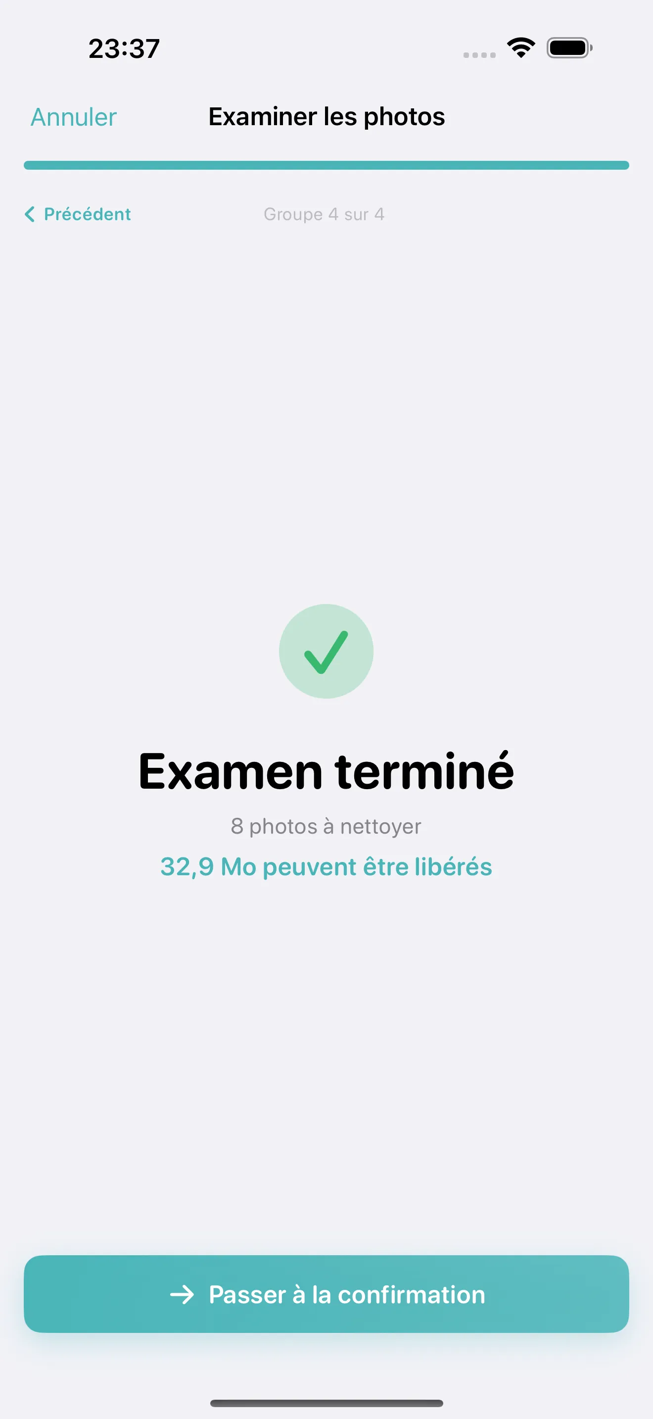 Cleanup confirmation screen with safety messaging and Recently Deleted reminder