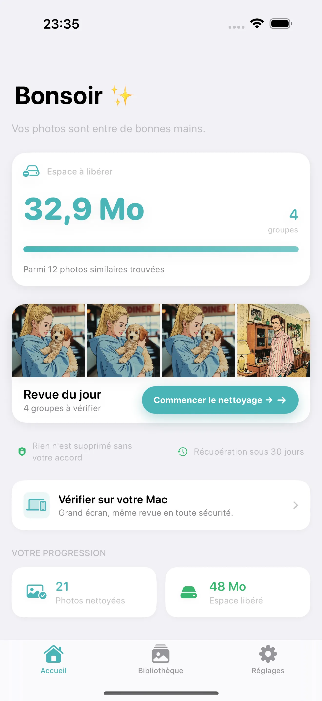 Cleanup home screen showing a calm duplicate photo review workflow on iPhone