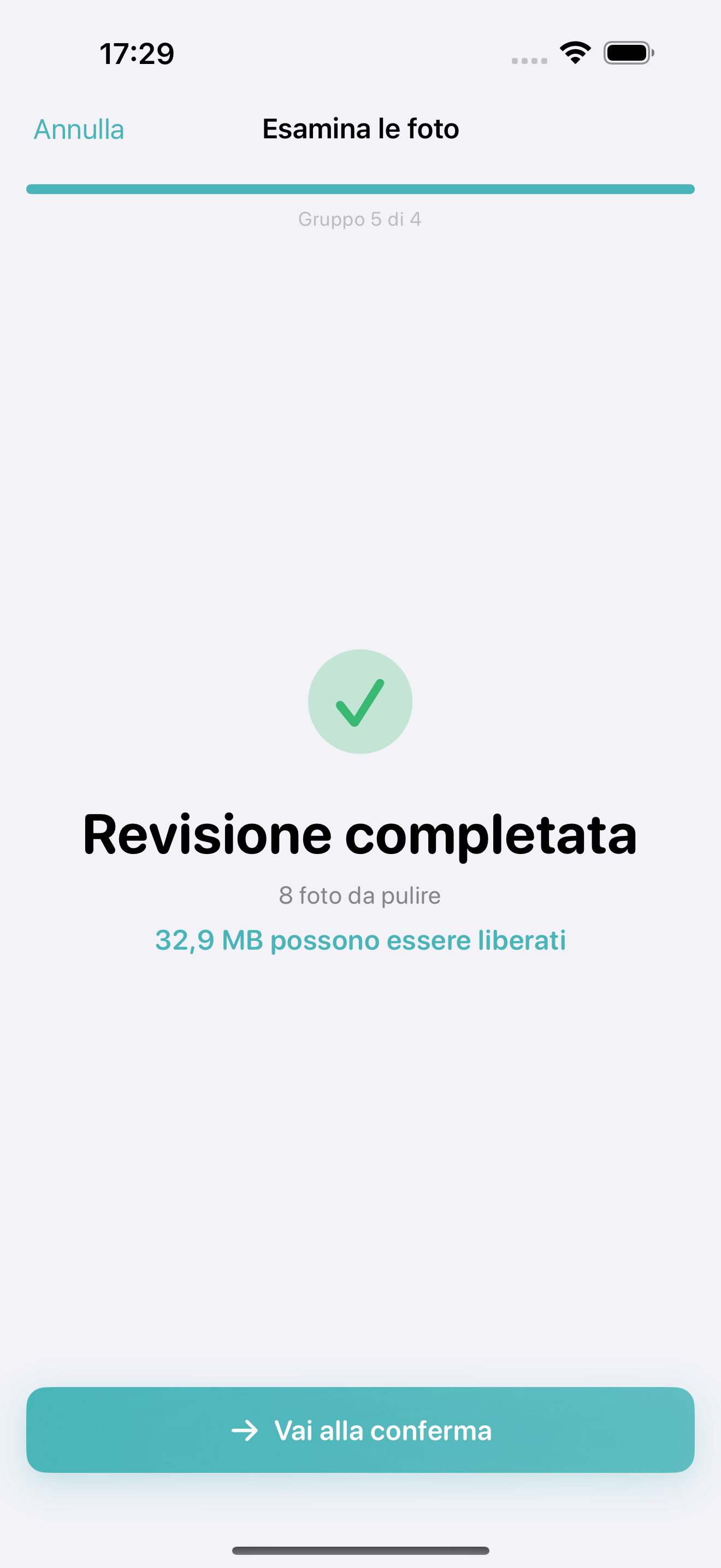 Photo Cleanup all-clean screen showing your library is tidy with freed storage