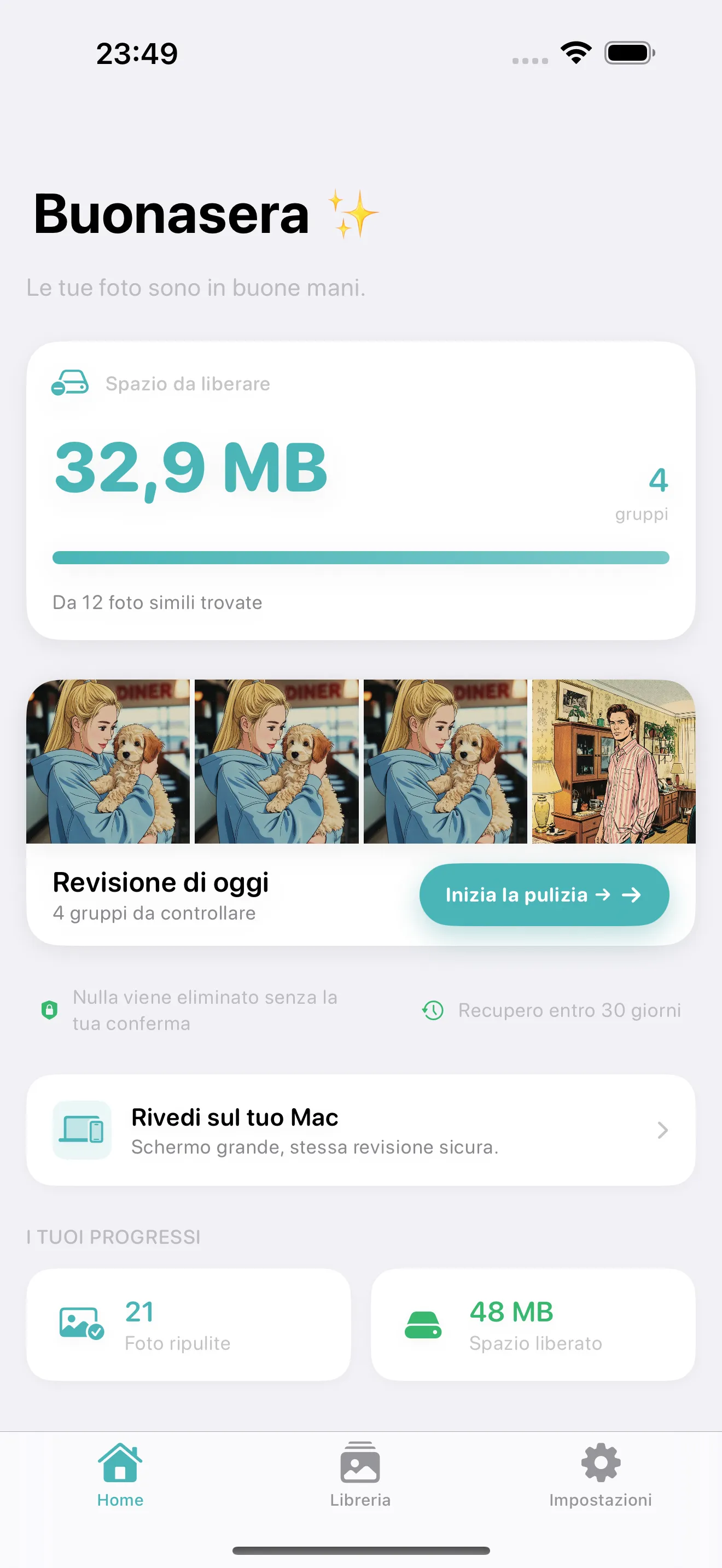 Cleanup home screen showing a calm duplicate photo review workflow on iPhone