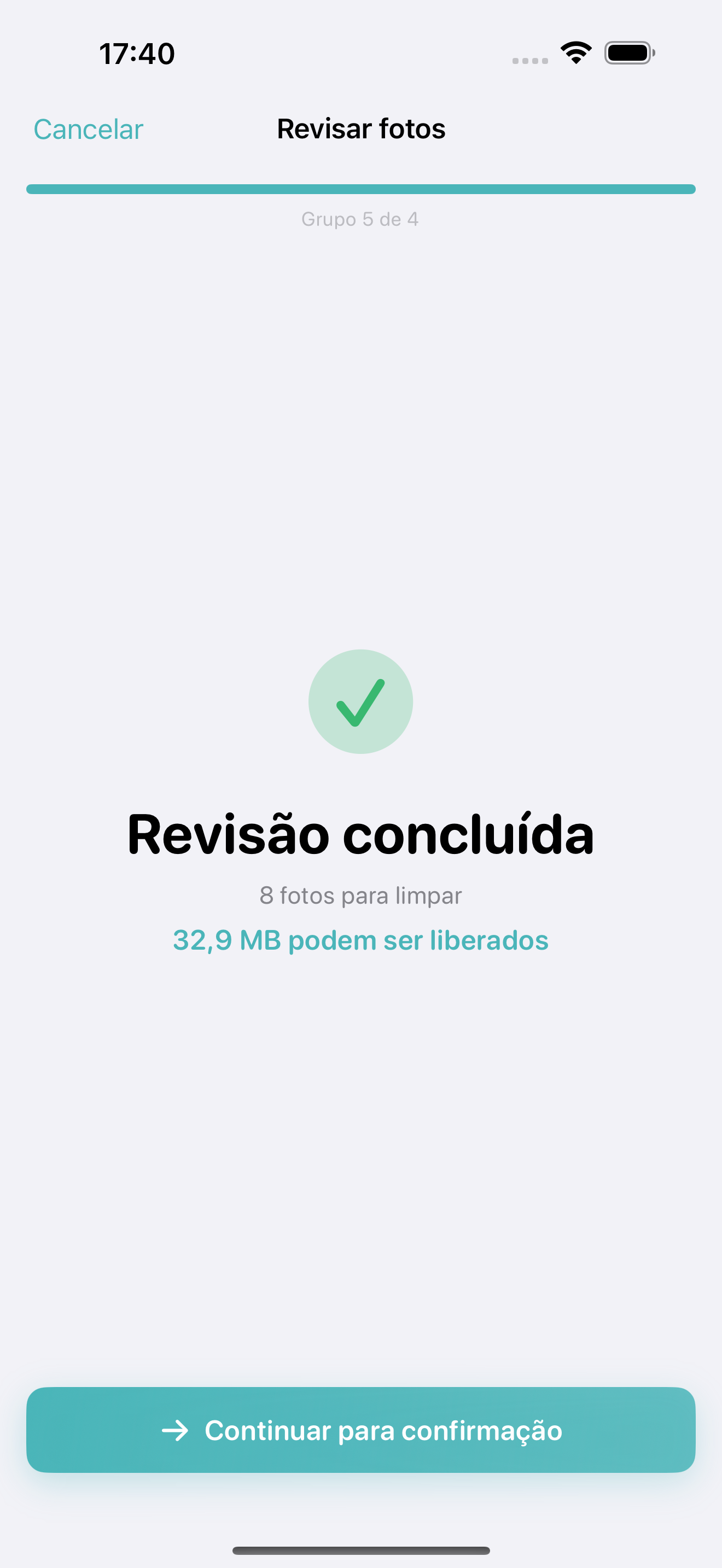 Photo Cleanup confirmation screen with safety messaging and Recently Deleted reminder