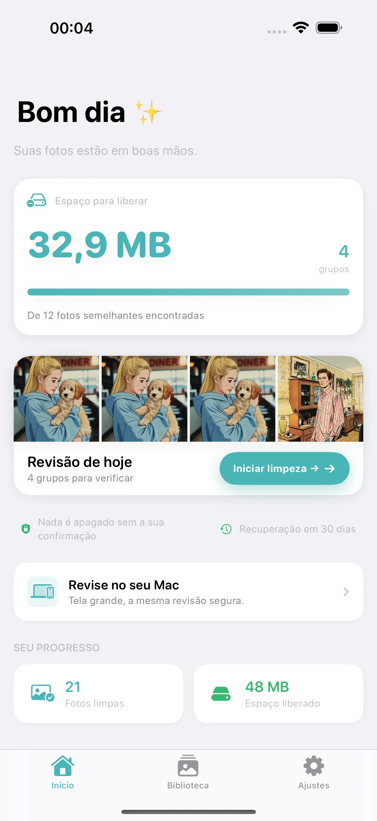 Cleanup home screen showing a calm duplicate photo review workflow on iPhone