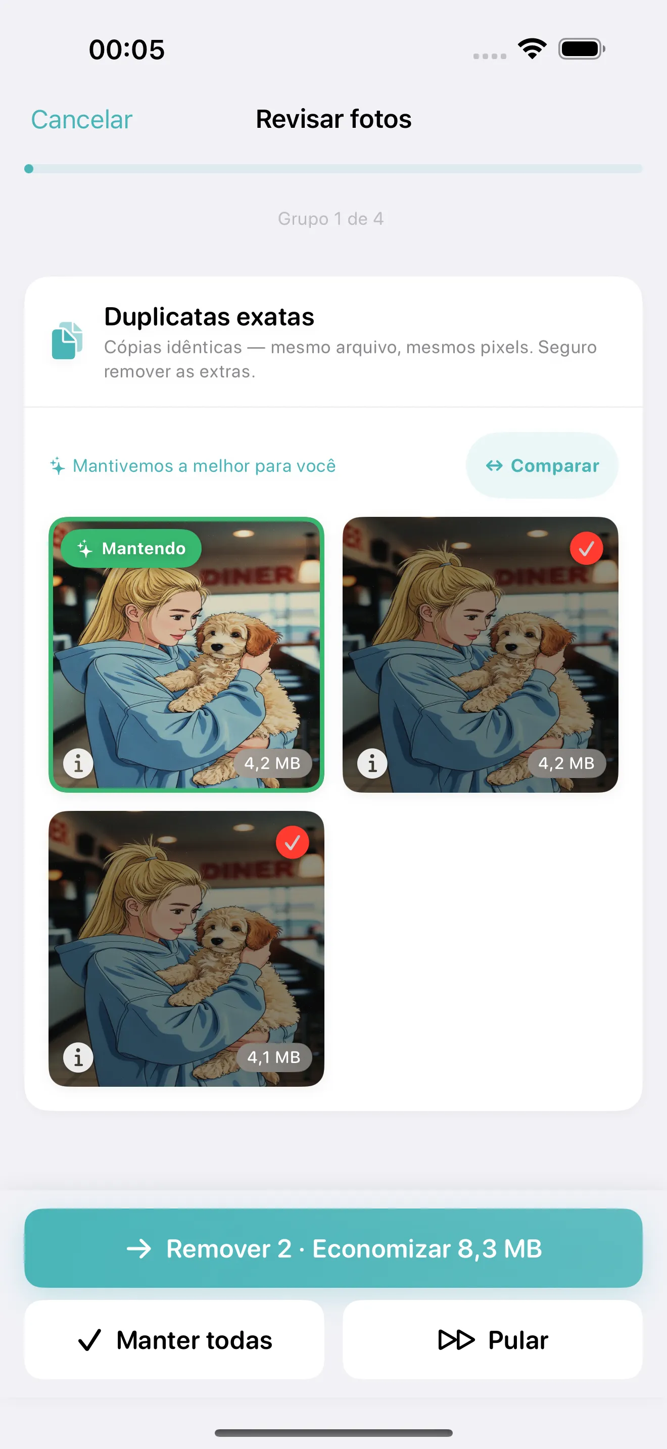 Cleanup review screen comparing similar iPhone photos side by side