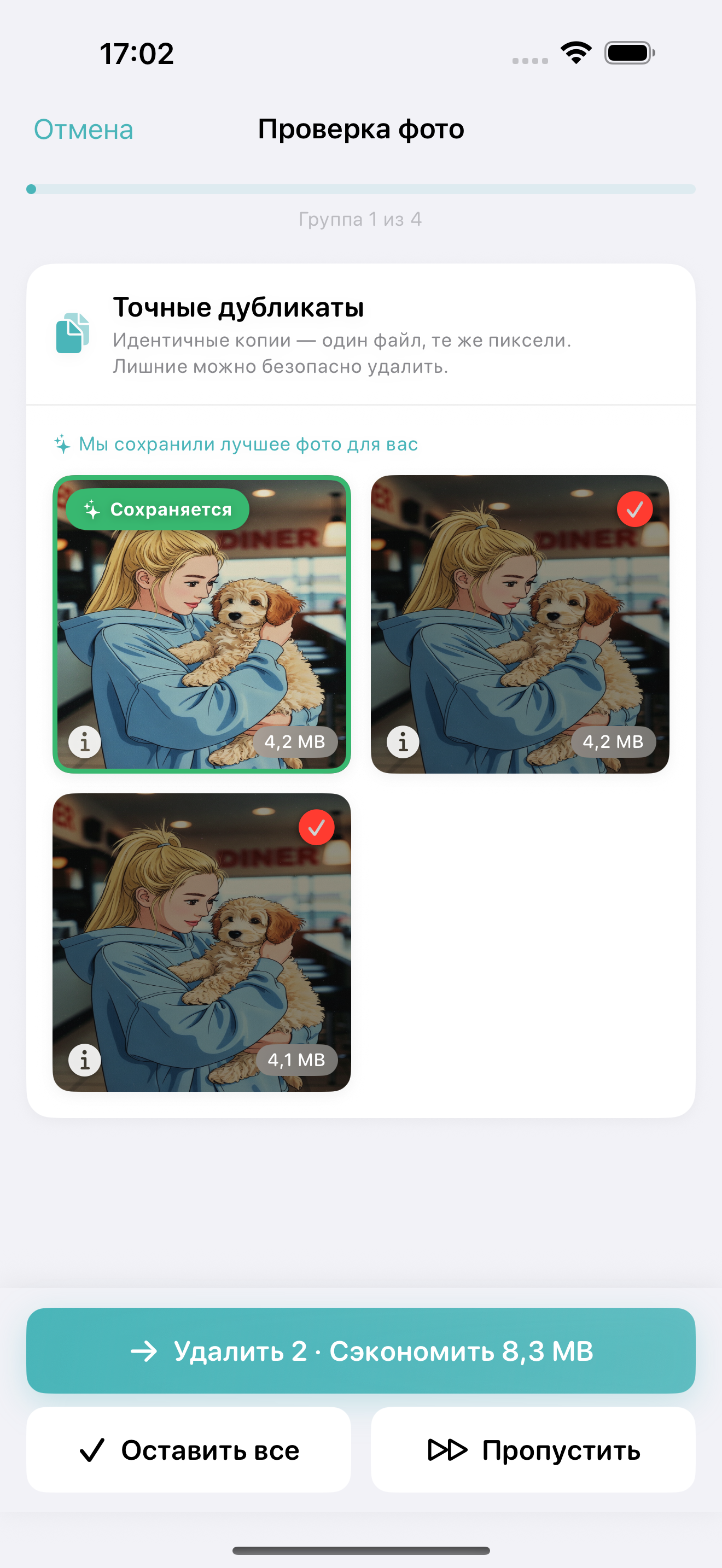 Photo Cleanup review screen comparing similar iPhone photos side by side